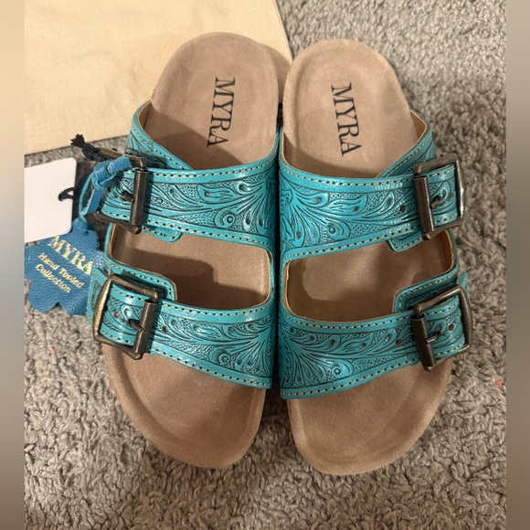 Myra Turquoise Hand-Tooled Sandals with Buckles - Picture 2 of 6